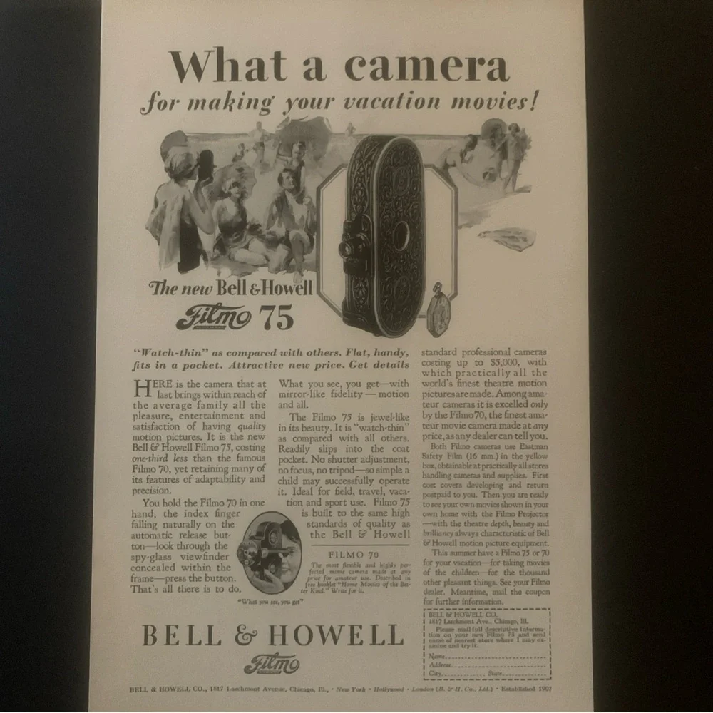 Vintage 1928 Bell & Howell Filmo What A Camera Ad Advertisement